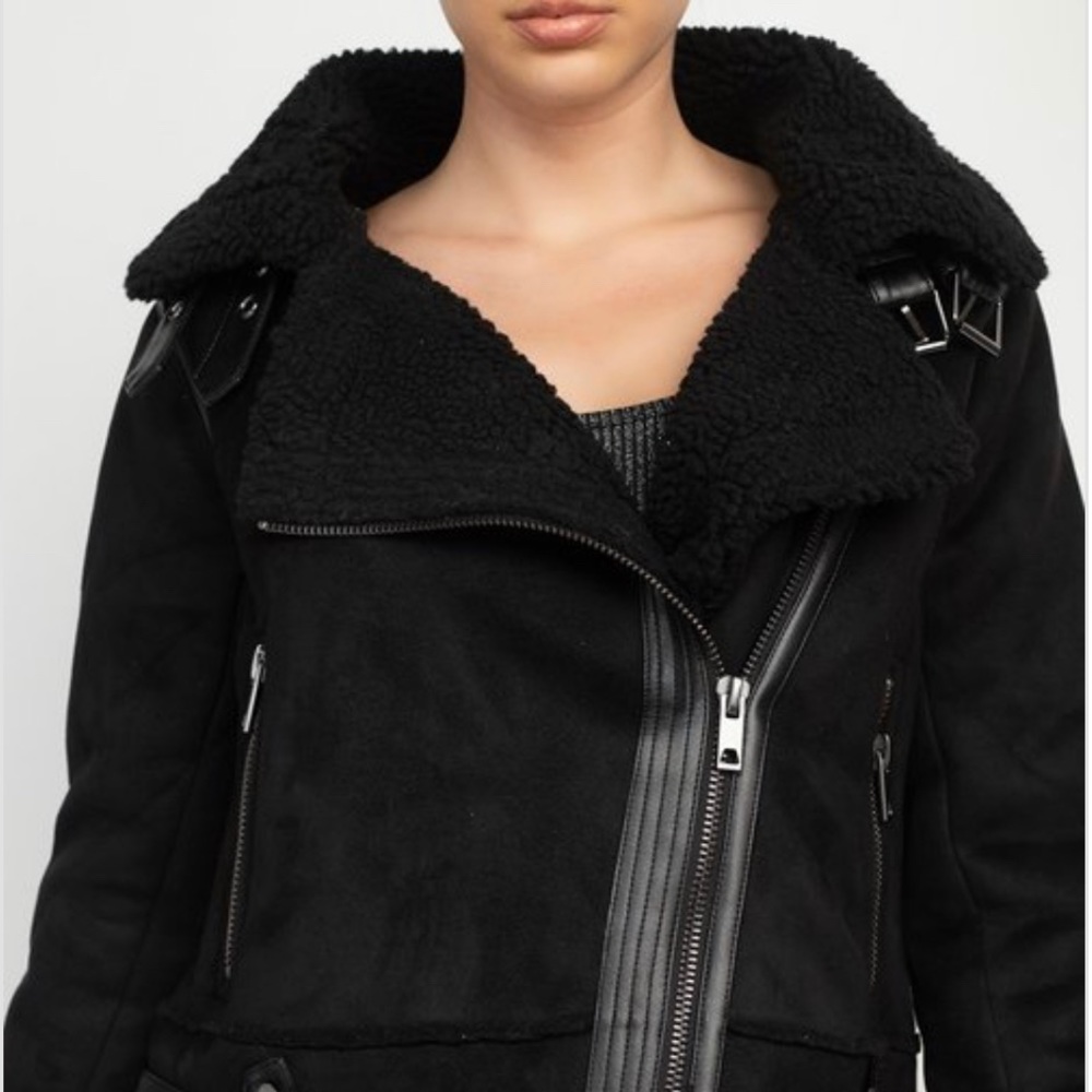 BLACK FAUX FUR SUEDE MOTO JACKET BIKER COAT - Picture 2 of 15